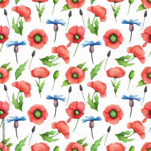 Wild flowers seamless pattern. Hand drawn watercolor poppies isolated on white background.