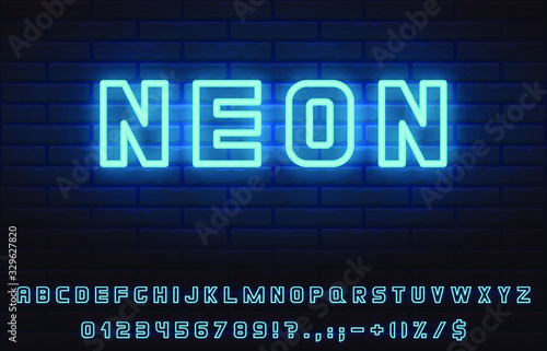 bold blue realistic neon font set. collection of vector letters numerals signs symbols icons. graphic advertisement web design