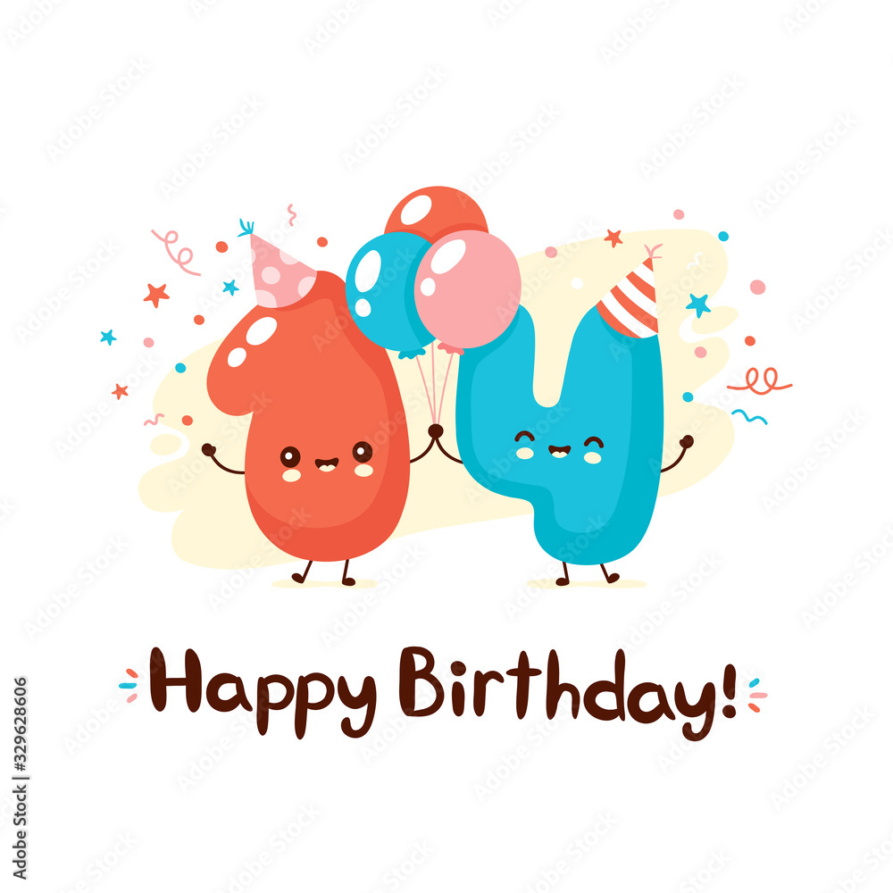 Fototapeta premium Cute numbers fourteen with balloons in festive hat