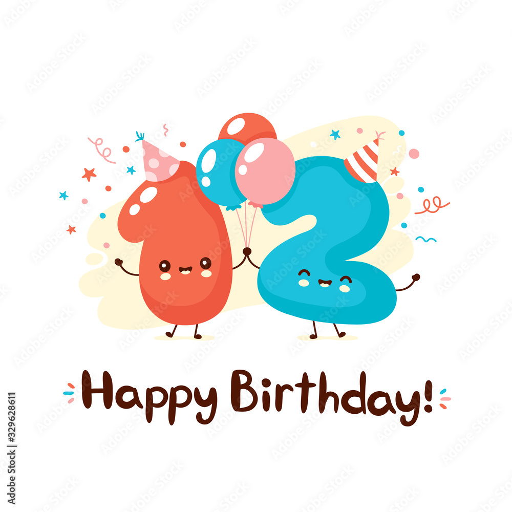 Cute numbers twelve with balloons in festive hat Cute numbers twelve with balloons in festive hat