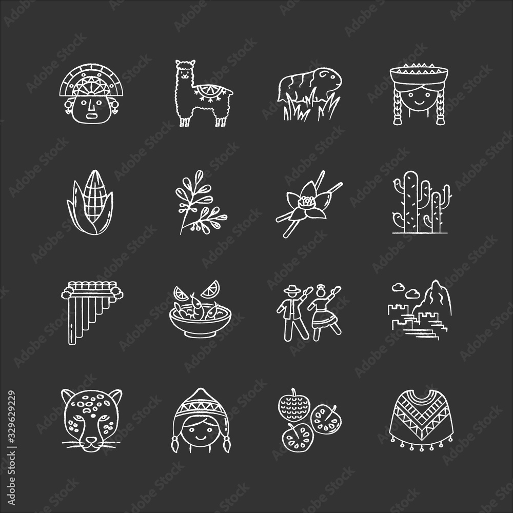 Peru chalk white icons set on black background. Peruvian sights, culture, nature, cuisine. Alpaca, guinea pig, siku, poncho, cherimoya, ceviche, jaguar. Isolated vector chalkboard illustrations