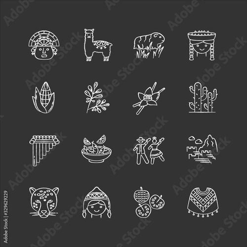 Peru chalk white icons set on black background. Peruvian sights, culture, nature, cuisine. Alpaca, guinea pig, siku, poncho, cherimoya, ceviche, jaguar. Isolated vector chalkboard illustrations