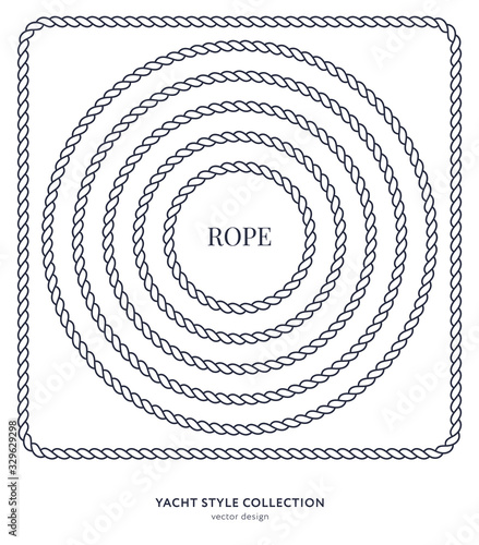 Nautical rope frames and bordes set. Yacht style design. Vintage decorative elements. Template for prints, cards, fabrics, covers, flyers, menus, banners, posters and placard. Vector illustration. 