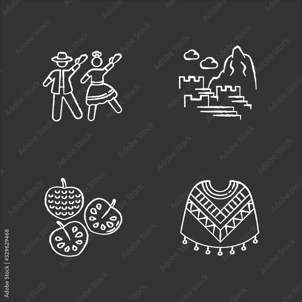 Peru chalk white icons set on black background. Andean tourist attractions. Marinera, Machu Picchu, cherimoya, poncho. Trip in Latin America. Isolated vector chalkboard illustrations Peru chalk white icons set on black background. Andean tourist attractions. Marinera, Machu Picchu, cherimoya, poncho. Trip in Latin America. Isolated vector chalkboard illustrations