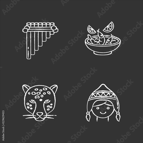 Peru chalk white icons set on black background. Peruvian art, cuisine, animal world, costume. Siku, ceviche, jaguar, chullo hat. Customs of andean culture. Isolated vector chalkboard illustrations