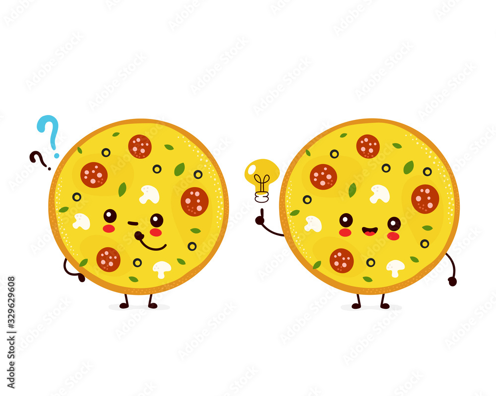 Cute happy smiling pizza with question mark Cute happy smiling pizza with question mark