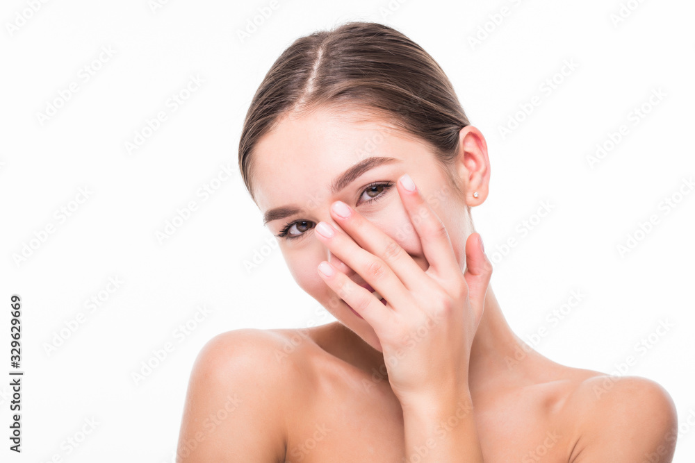 Beautiful woman face close up studio on white background Beautiful woman face close up studio on white background