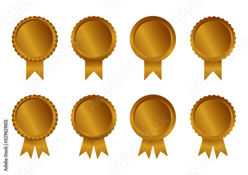 golden ribbons collection and banner of premium award medals and guarantee labels isolated on white background. vector illustration