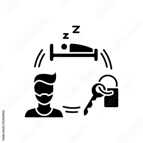 Renting hotel room for short term black glyph icon. Booking accommodation. Housing facility. Travelling facilities. Rental service. Silhouette symbol on white space. Vector isolated illustration