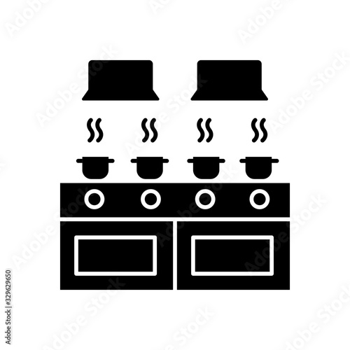 Communal kitchen black glyph icon. Common dormitory room. Cooking. Casseroles on stove top. Living accommodations. Restaurant, cafe. Silhouette symbol on white space. Vector isolated illustration