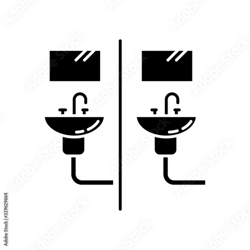 Communal bathroom black glyph icon. Bathing arrangement. Common washbasins. Shared bath. Dormitory conditions. Living accommodations. Silhouette symbol on white space. Vector isolated illustration