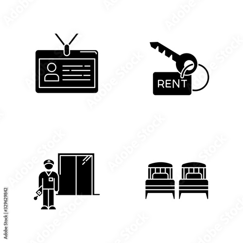 Renting hotel room black glyph icons set on white space. Living accommodation. Single beds. Security guard. Apartment key. Identity badge, ID card. Silhouette symbols. Vector isolated illustration