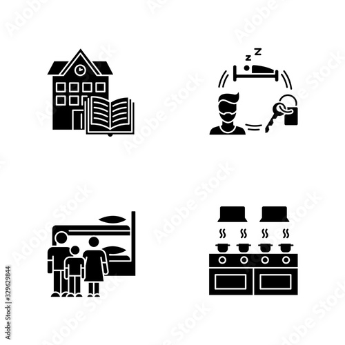 Dormitory black glyph icons set on white space. Family dorm. Communal kitchen. Common space. Shared bedroom. Campus library. Living conditions. Silhouette symbols. Vector isolated illustration