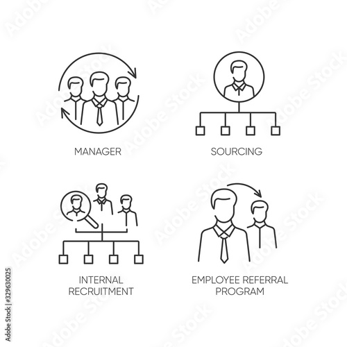 Executive search pixel perfect linear icons set. Internal recruitment and employee referral program customizable thin line contour symbols. Isolated vector outline illustrations. Editable stroke