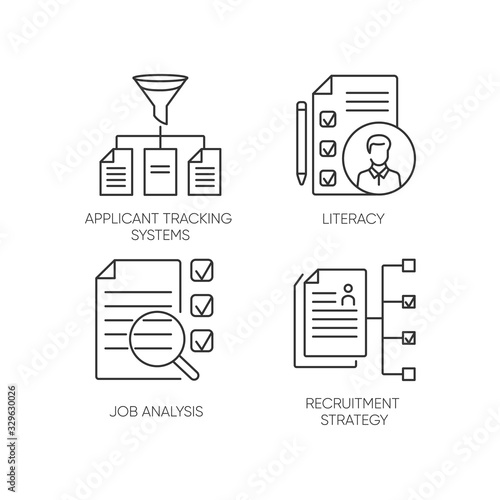 Professional employment pixel perfect linear icons set. Applicant tracking system and job analysis customizable thin line contour symbols. Isolated vector outline illustrations. Editable stroke