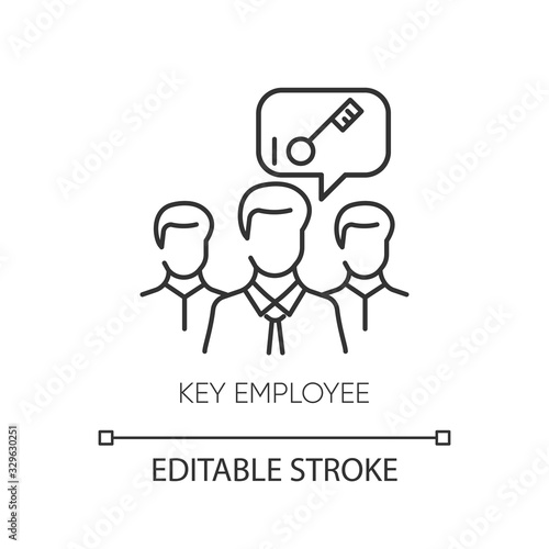 Key employee pixel perfect linear icon. Thin line customizable illustration. Valuable worker, team leader. Human resources management contour symbol. Vector isolated outline drawing. Editable stroke