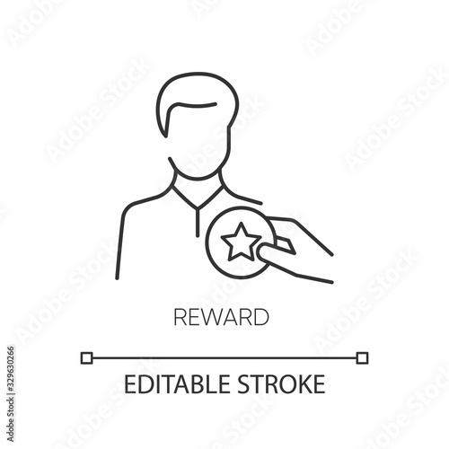 Reward pixel perfect linear icon. Thin line customizable illustration. Workers motivation, business promotion contour symbol. Best employee award vector isolated outline drawing. Editable stroke