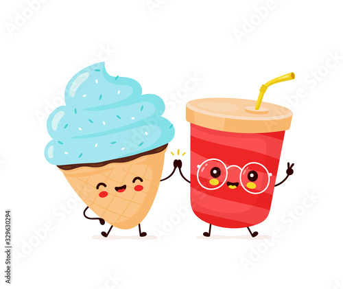 Cute happy smiling ice cream cone and soda cup