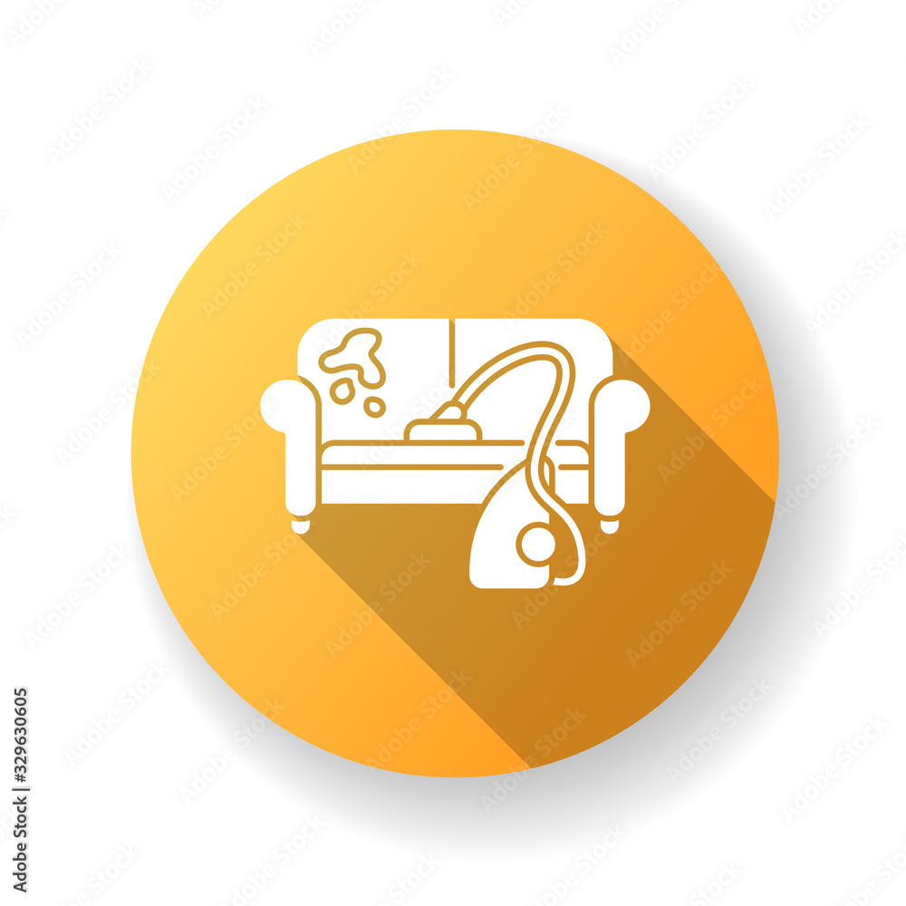 Furniture dry cleaning yellow flat design long shadow glyph icon. Sofa professional washing, laundry service. Furnishing delicate cleaning, stain removing equipment. Silhouette RGB color illustration