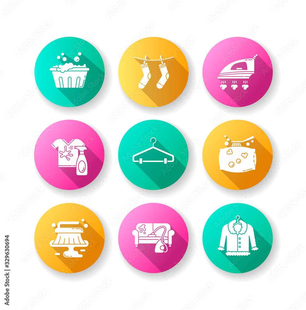 Laundry and cleanup service flat design long shadow glyph icons set. Handwash and outdoor drying, fabric ironing. Fur, furniture and pillow dry cleaning. Silhouette RGB color illustrations Laundry and cleanup service flat design long shadow glyph icons set. Handwash and outdoor drying, fabric ironing. Fur, furniture and pillow dry cleaning. Silhouette RGB color illustrations