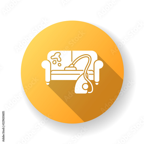 Furniture dry cleaning yellow flat design long shadow glyph icon. Sofa professional washing, laundry service. Furnishing delicate cleaning, stain removing equipment. Silhouette RGB color illustration