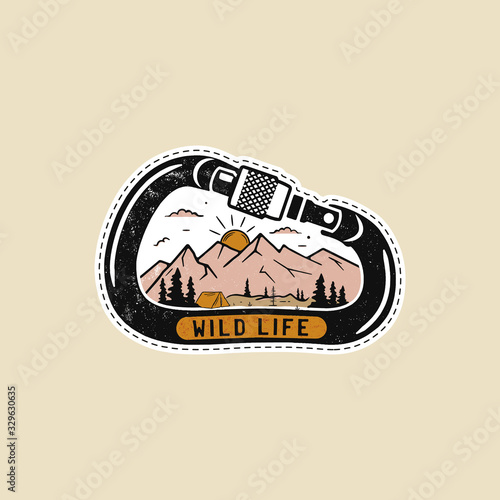 Vintage camp patches logo, mountain badge. Hand drawn sticker design. Travel expedition, backpacking label. Outdoor emblem. Stock vector.