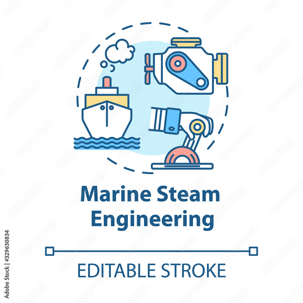 Marine steam engineering concept icon. Steering boat. Ship with steam powered engine. Water vessel maintenance idea thin line illustration. Vector isolated outline RGB color drawing. Editable stroke Marine steam engineering concept icon. Steering boat. Ship with steam powered engine. Water vessel maintenance idea thin line illustration. Vector isolated outline RGB color drawing. Editable stroke
