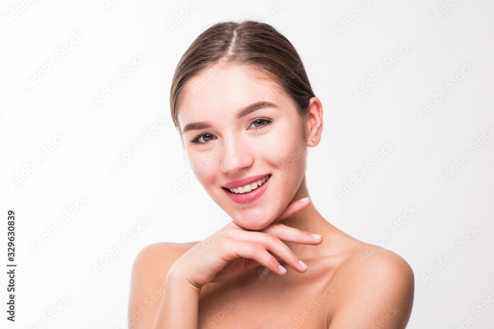 Portrait of a beautiful woman with perfect skin on white background Portrait of a beautiful woman with perfect skin on white background