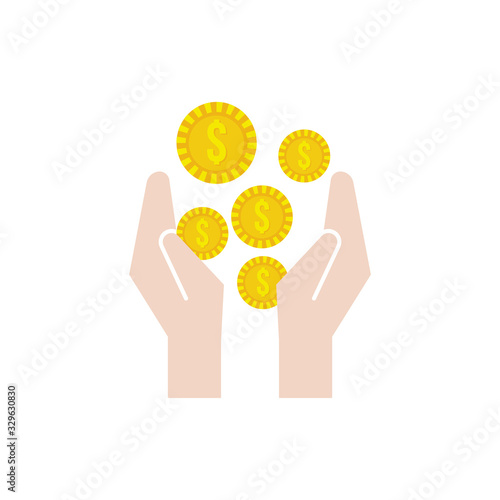 hand with coins money dollars flat style icon