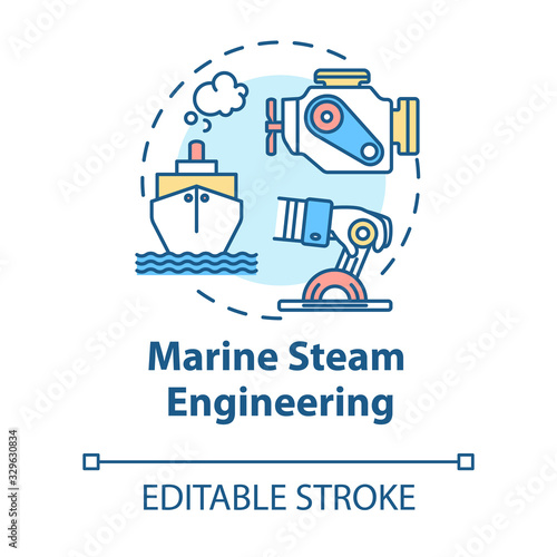 Marine steam engineering concept icon. Steering boat. Ship with steam powered engine. Water vessel maintenance idea thin line illustration. Vector isolated outline RGB color drawing. Editable stroke
