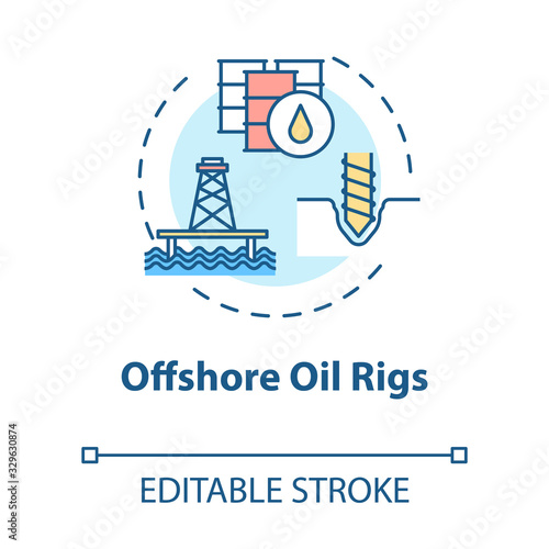Offshore oil rigs concept icon. Industrial structure for fuel production. Petroleum extraction with drill idea thin line illustration. Vector isolated outline RGB color drawing. Editable stroke