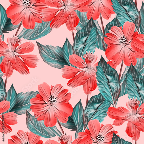 Springflowers with leaves, seamless pattern.