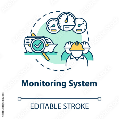 Monitoring system concept icon. Check propulsion engine. Boat machinery offshore maintenance. Ship crew work idea thin line illustration. Vector isolated outline RGB color drawing. Editable stroke