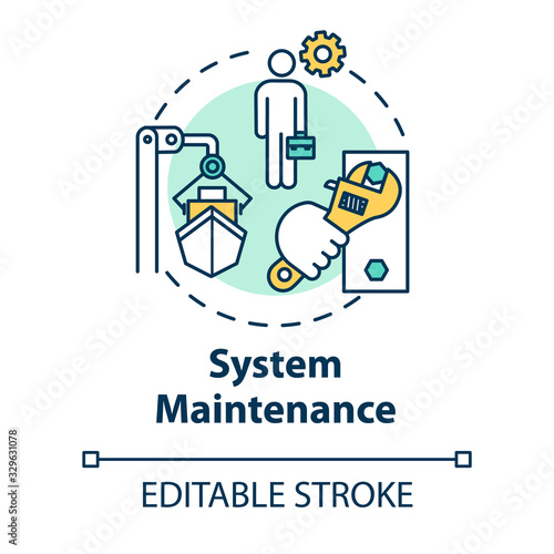 System maintenance concept icon. Shipbuilding worker. Boat in dry dock. Ship maintenance engineer. Watercraft idea thin line illustration. Vector isolated outline RGB color drawing. Editable stroke