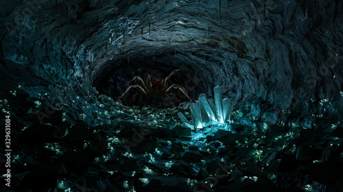 A giant spider inside a deep dark cave, full of glowing mushroom and crystal. Scary mysterious concept.