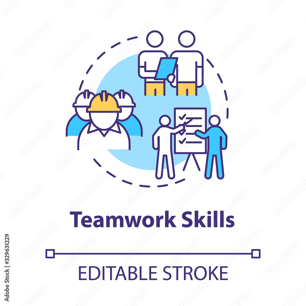 Teamwork skill concept icon. Technician group work. Soft skill for production worker. Marine engineer idea thin line illustration. Vector isolated outline RGB color drawing. Editable stroke Teamwork skill concept icon. Technician group work. Soft skill for production worker. Marine engineer idea thin line illustration. Vector isolated outline RGB color drawing. Editable stroke