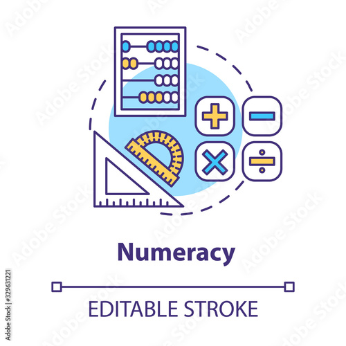 Numeracy concept icon. Mathematical calculations. Ability to operate with numbers. Numerical literacy idea thin line illustration. Vector isolated outline RGB color drawing. Editable stroke