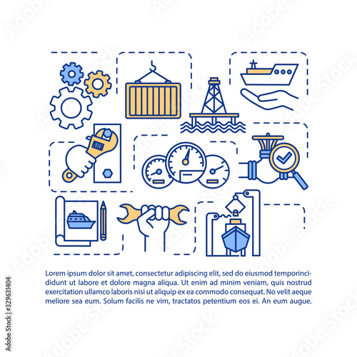 Marine engineering concept icon with text. Cargo ship. Nautical machinery. Watercraft construction. PPT page vector template. Brochure, magazine, booklet design element with linear illustrations