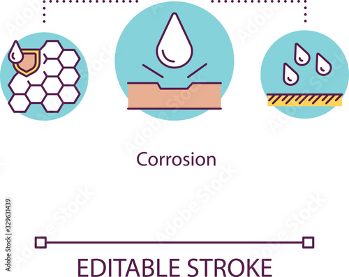 Corrosion concept icon. Water damage to ship surface. Refined metal conversion. Exposure to acid drops idea thin line illustration. Vector isolated outline RGB color drawing. Editable stroke