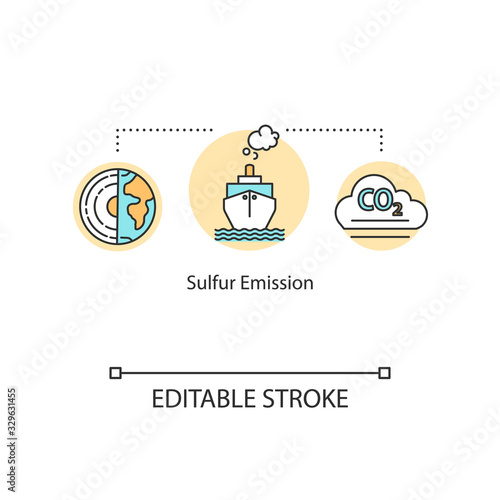 Sulfur emission concept icon. Smoke from ship pipes. Global impact from fuel combustion. Air pollution with CO2 idea thin line illustration. Vector isolated outline RGB color drawing. Editable stroke