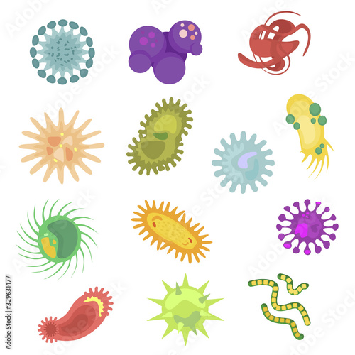 Bacteria and germs colorful set. COVID-19 and Coronavirus. Vector flat style cartoon illustration isolated on white background