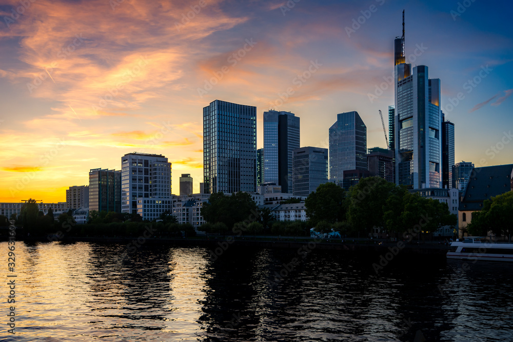 Skyline of Frankfurt at the Main river during sunset
