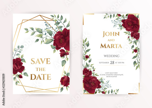 wedding invitation card with red roses, watercolor, leaves and golden geometric frame. Floral Trendy templates for banner, flyer, poster, greeting. Vector illustration. eps10