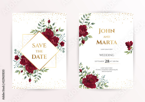 wedding invitation card with red roses, watercolor, leaves and golden geometric frame. Floral Trendy templates for banner, flyer, poster, greeting. Vector illustration. eps10