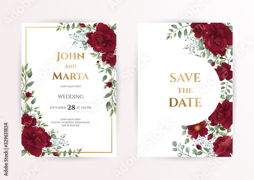 wedding invitation card with red roses, watercolor, leaves and golden geometric frame. Floral Trendy templates for banner, flyer, poster, greeting. Vector illustration. eps10