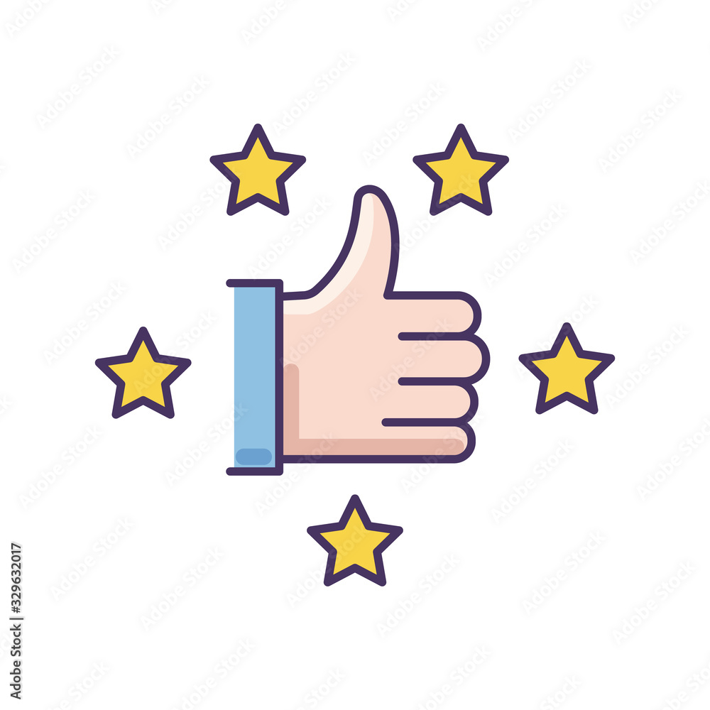 Recommendation RGB color icon. Thumbs up. Five star. Review rate. Customer satisfaction level. Approve of client service. Top quality. Bestseller sign. Blog vote. Isolated vector illustration