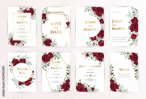 wedding invitation card with red roses, watercolor, leaves and golden geometric frame. Floral Trendy templates for banner, flyer, poster, greeting. Vector illustration. eps10