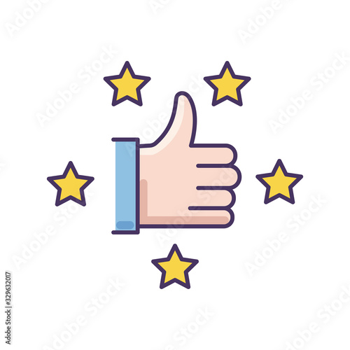 Recommendation RGB color icon. Thumbs up. Five star. Review rate. Customer satisfaction level. Approve of client service. Top quality. Bestseller sign. Blog vote. Isolated vector illustration