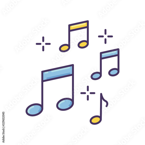 Music quarter notes RGB color icon. Playing melody. Harmonious sound. Musical signature. Acoustic tune. Symphony symbols. Sing clef notation. Pop band rhythm. Isolated vector illustration