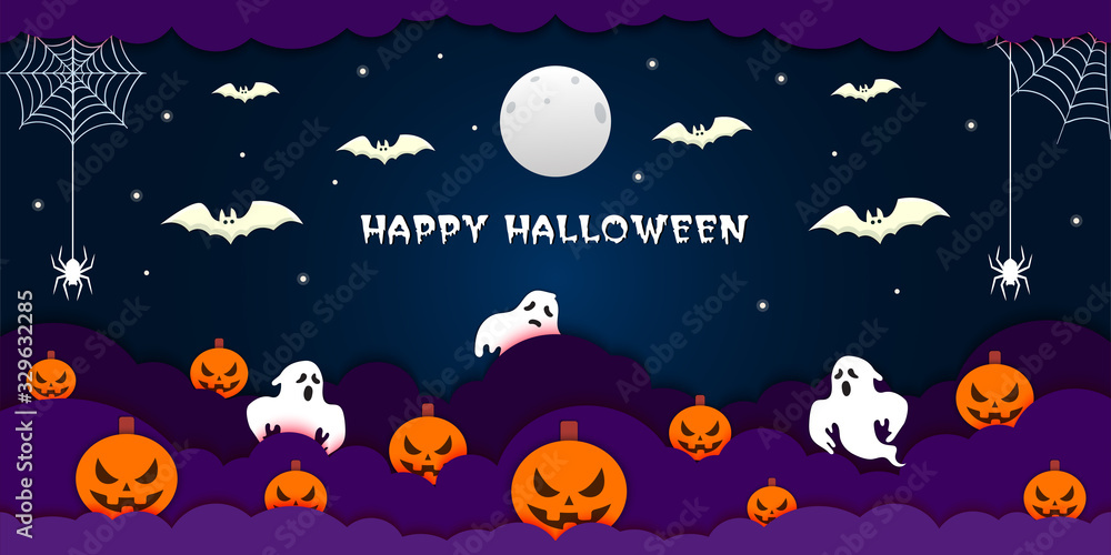 Naklejka premium Happy Halloween banner, poster, invitation card with night clouds, pumpkins, bats, spiders web, stars, moon and text on isolated blue background